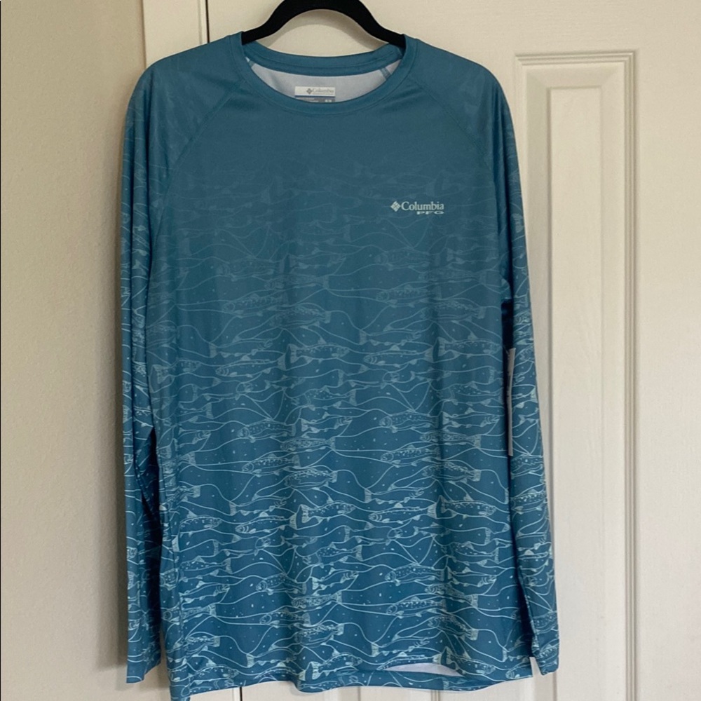 Columbia PFG Teal Wave Pattern Long Sleeve Sun Protection Shirt